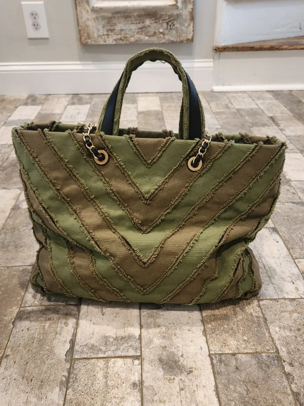 Chanel Canvas Chevron Cuba Patchwork Shopper Tote Khaki